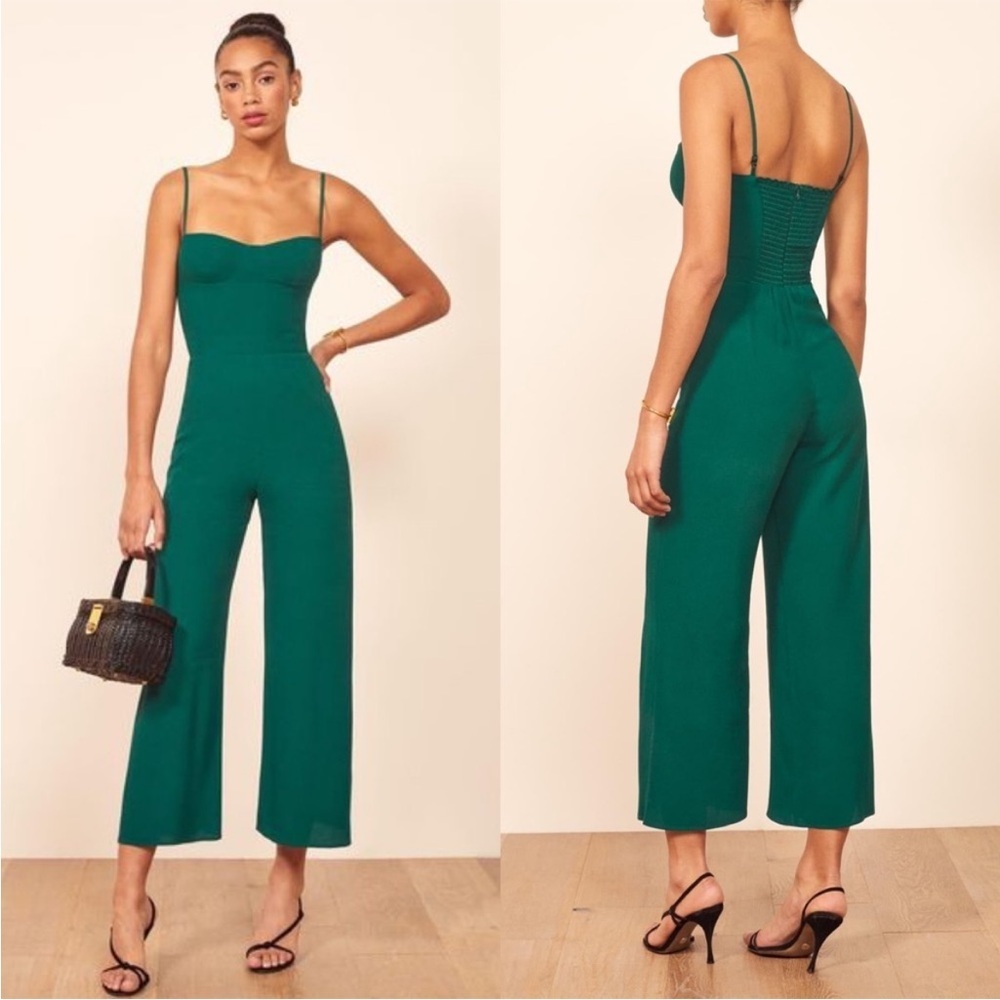 Reformation Gilda Sweetheart Smocked Back Jumpsuit In Emerald Green Size 12